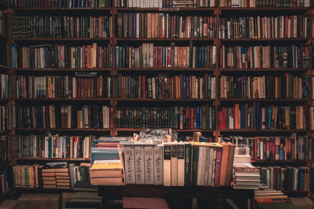 books with bookshelves in background